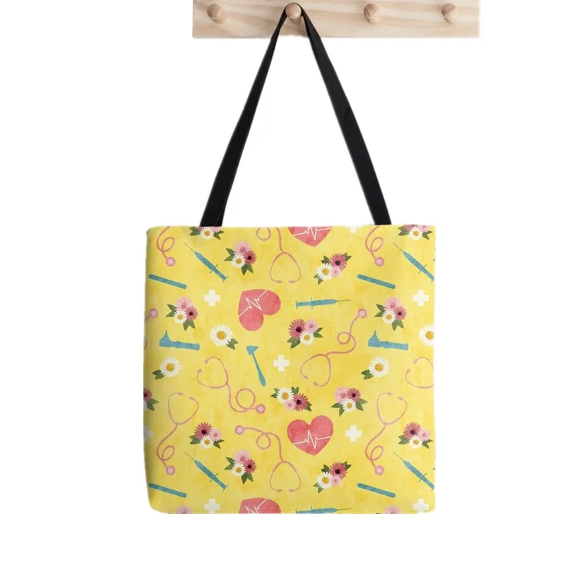 Women Shopper bag Floral Nursing blue Stethoscopes heart beat nurse Bag Harajuku Shopping Bag girl handbag Shoulder Lady Bag