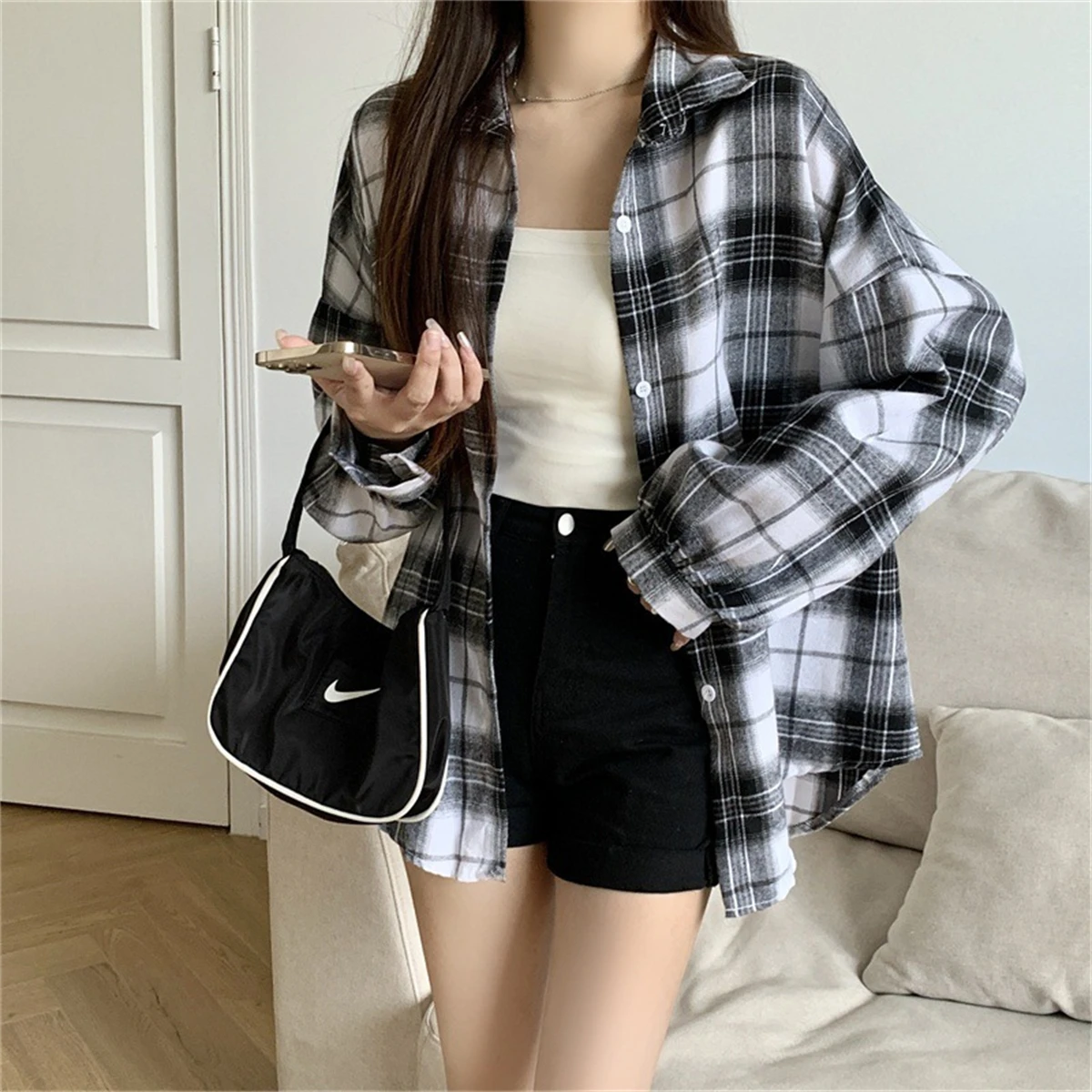 Korean Plaid Blouse Image 8