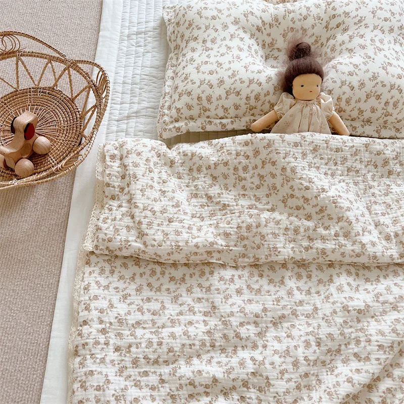 Bedding set baby blanket Cotton Mulsin Floral Baby Quilt and Pillow Nursery Crib Bedding Set