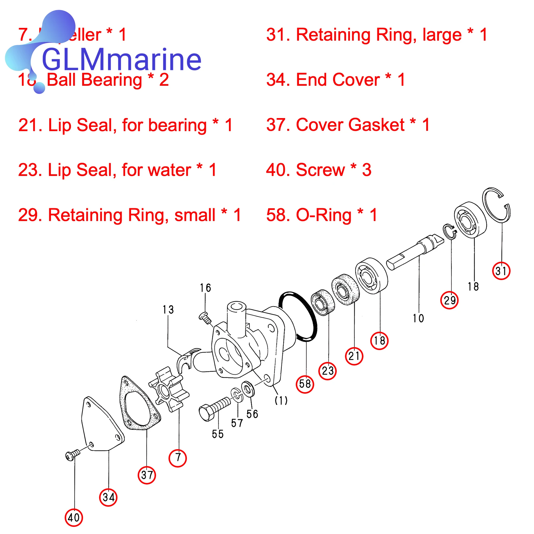 Ghtmarrine Raw Sea Water Pump Repair Kit For Yan-mar Marine 1GM 1GM10 128170-42200 128176-42071