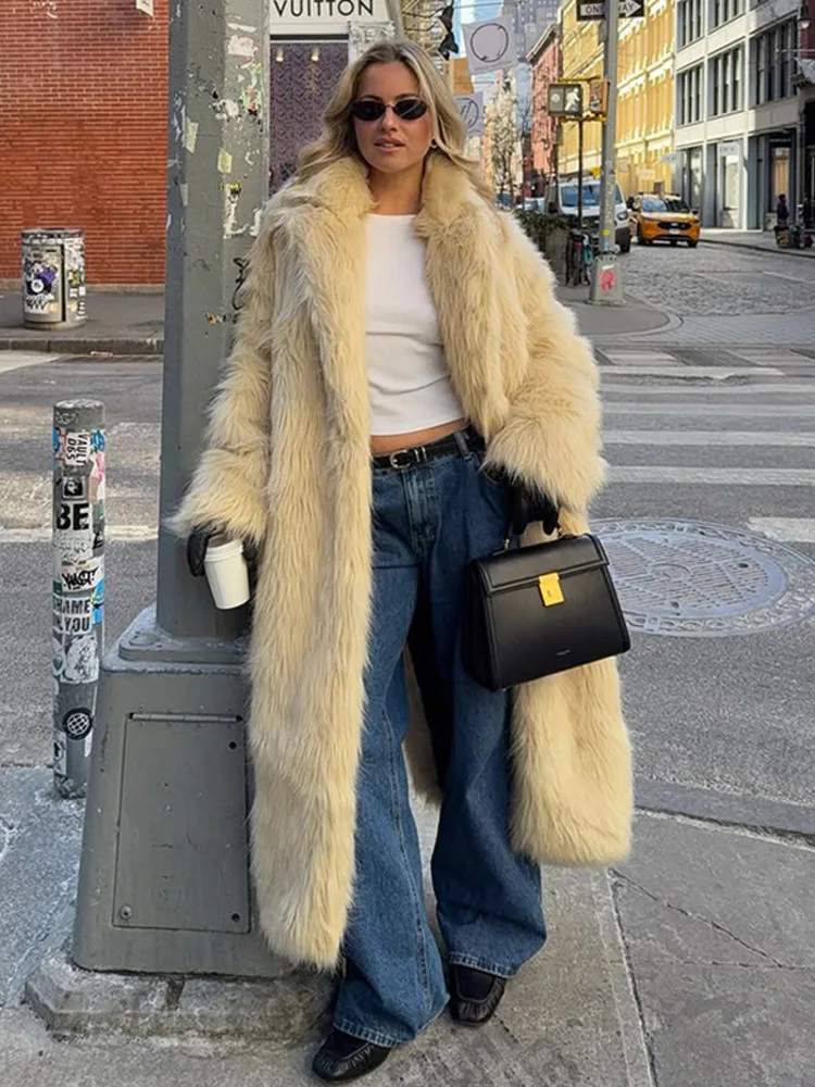 ZMEENNA Womens Long Shaggy Faux Fur Coat Winter Warm Fluffy Luxury