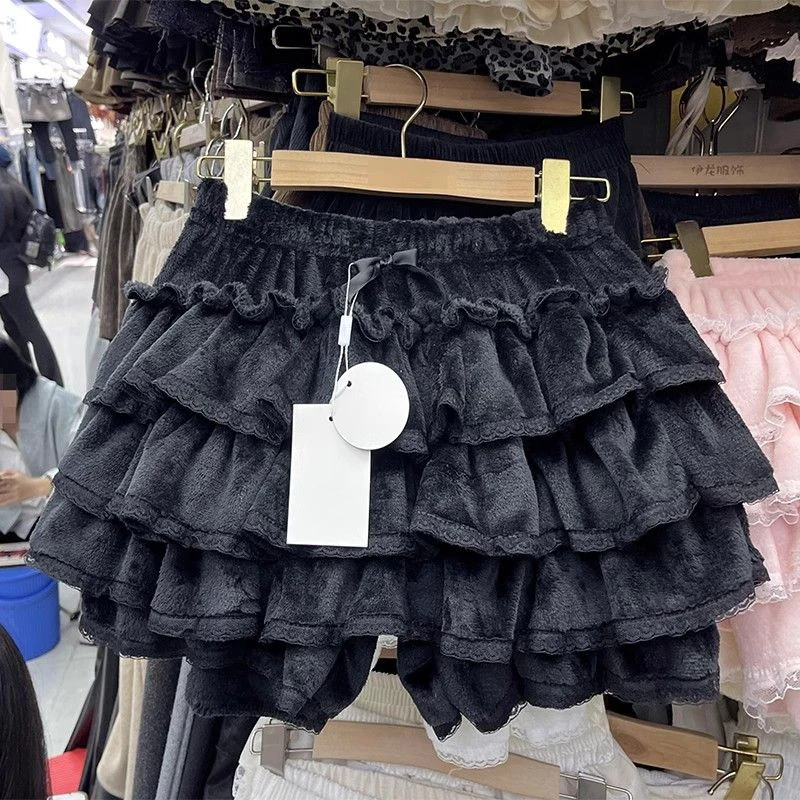 Pink Kawaii Women Dance Skirts Japanese Sweet Lolita Lace Splicing Female Puffy Skirts Y2K High Waist Ruffle Ladies Mini Skirts 4