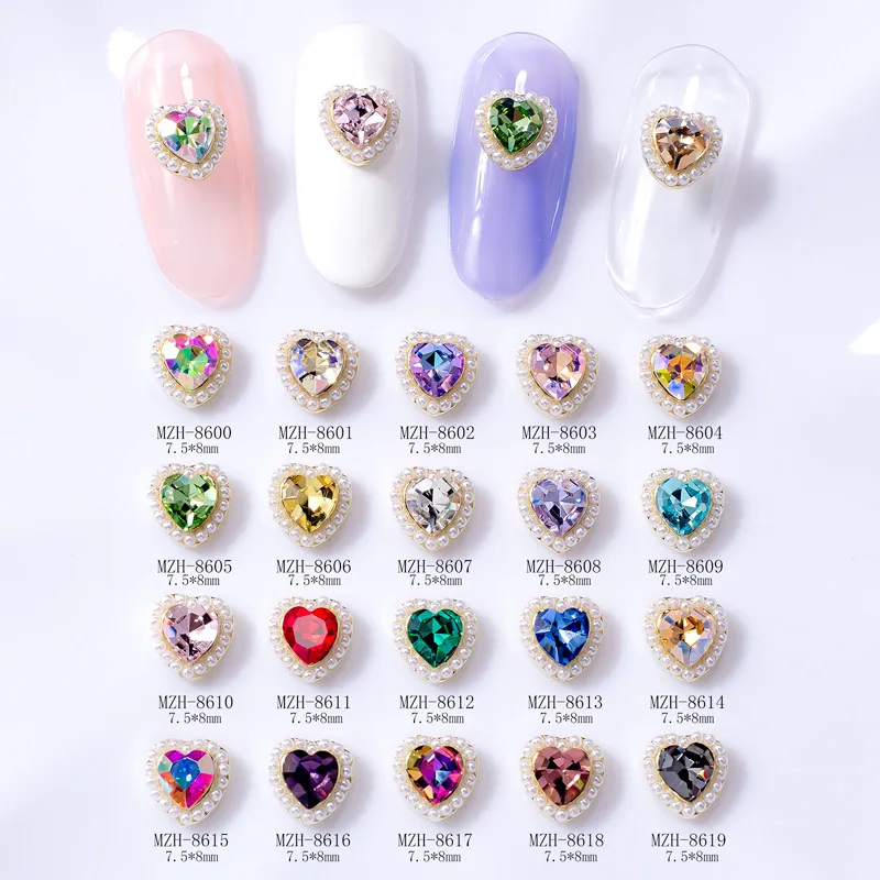 10Pcs 네일 진주 디자인 매력 보석 7.5x8mm 하트 네일 디자인 라인 석 매니큐어 용품 네일 아트 장식