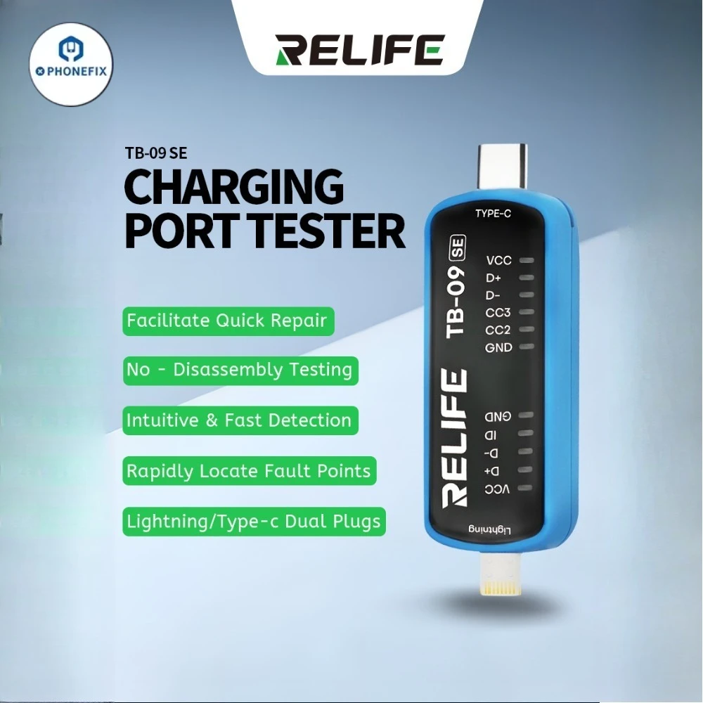 RELIFE TB-09 SE 충전 포트 테스터 신속한 테스트 오류 감지 모바일 마더 보드 PCB 수리를위한 번개/Type-c 듀얼 플러그