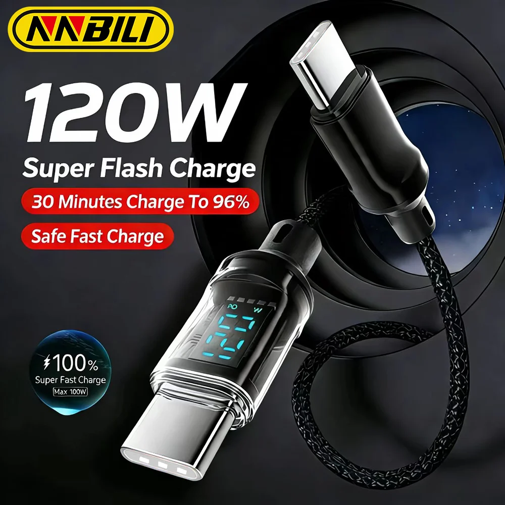 Cable de carga súper rápida NNBILI de 120W C-C y A-C con pantalla LED, cable de datos, no compatible con iPhone, Xiaomi, Samsung
