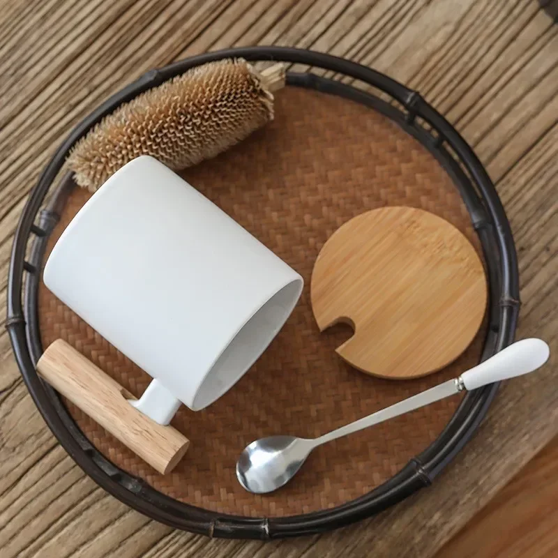 Ceramic Water Cup with Wooden Handle and Lid