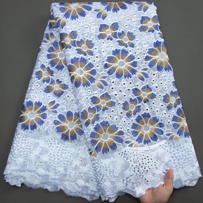 

African Cotton Lace Fabric White And Bule 2023 Swiss Volie Lace Fabric With Stones Nigerian Embroidered Fabric For Party A3226