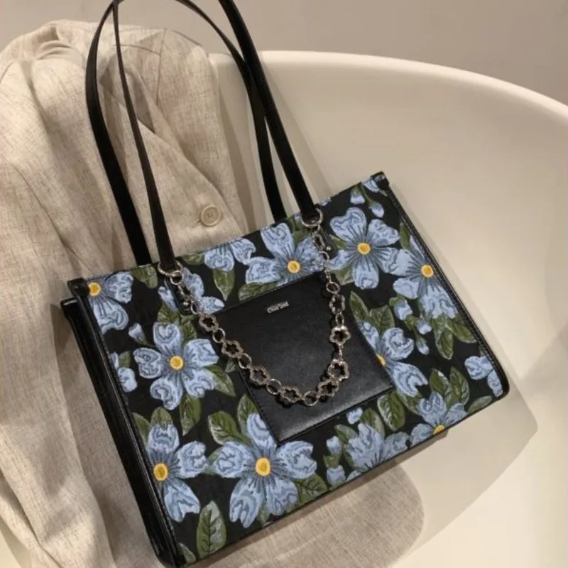 Retro Floral Print Chain Tote Bag Women Leather Square Patchwork Large Capacity Shoulder Bag Ladies Elegant Premium Handbag 2025