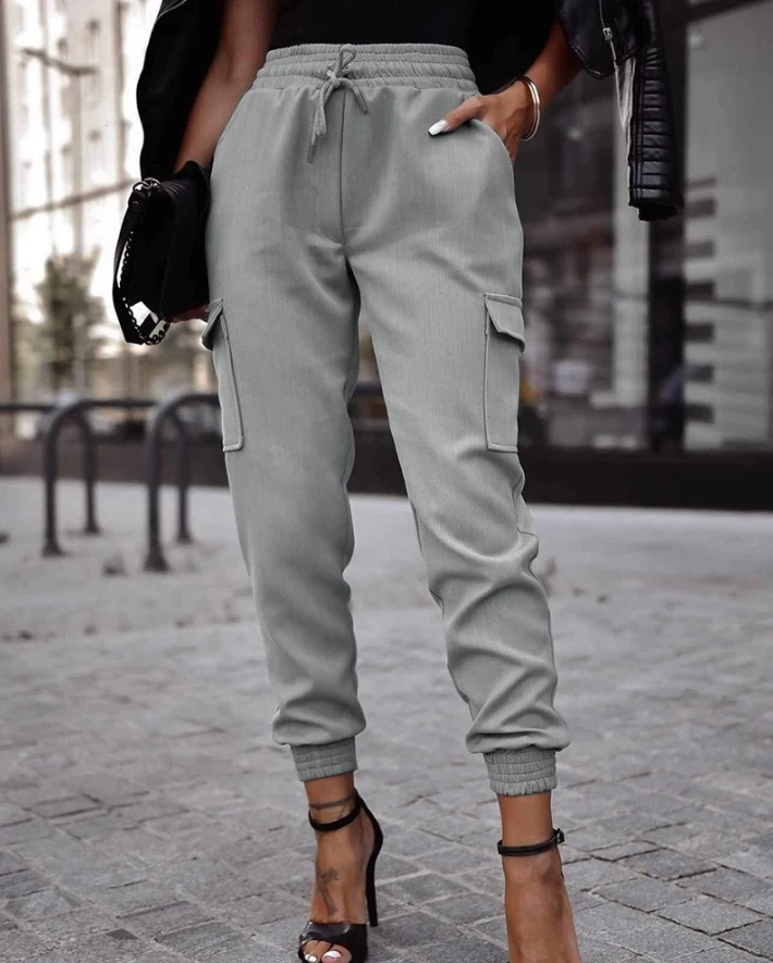 Women's Pants 2024 Spring Fashion Pocket Design Drawstring Casual High Waist Plain Daily Long Cuffed Pants Y2K Streetwear women high waist flared pants streetwear rock punk retro fashion y2k aesthetics long pants punk gothic paneling lace pantalones