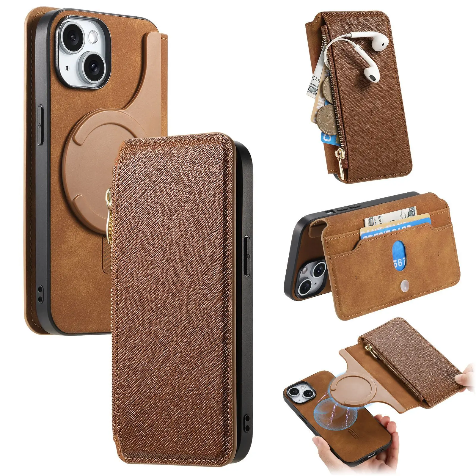 Leather Zipper Wallet Case with MagSafe and Credit Card Slot