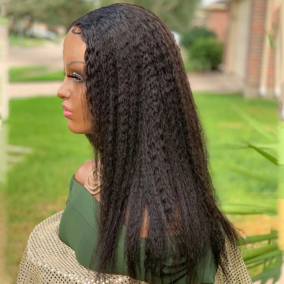 

Soft Preplucked 26 Inch Long 180% Density Glueless Black Kinky Straight Lace Front Wig With BabyHair Heat Temperature Daily