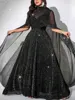 New Plus Size Black Glitter Turtleneck Sheer Cape-Sleeve Floor-Length Evening Gown Elegant Party Long Dresses On Sale Clearance