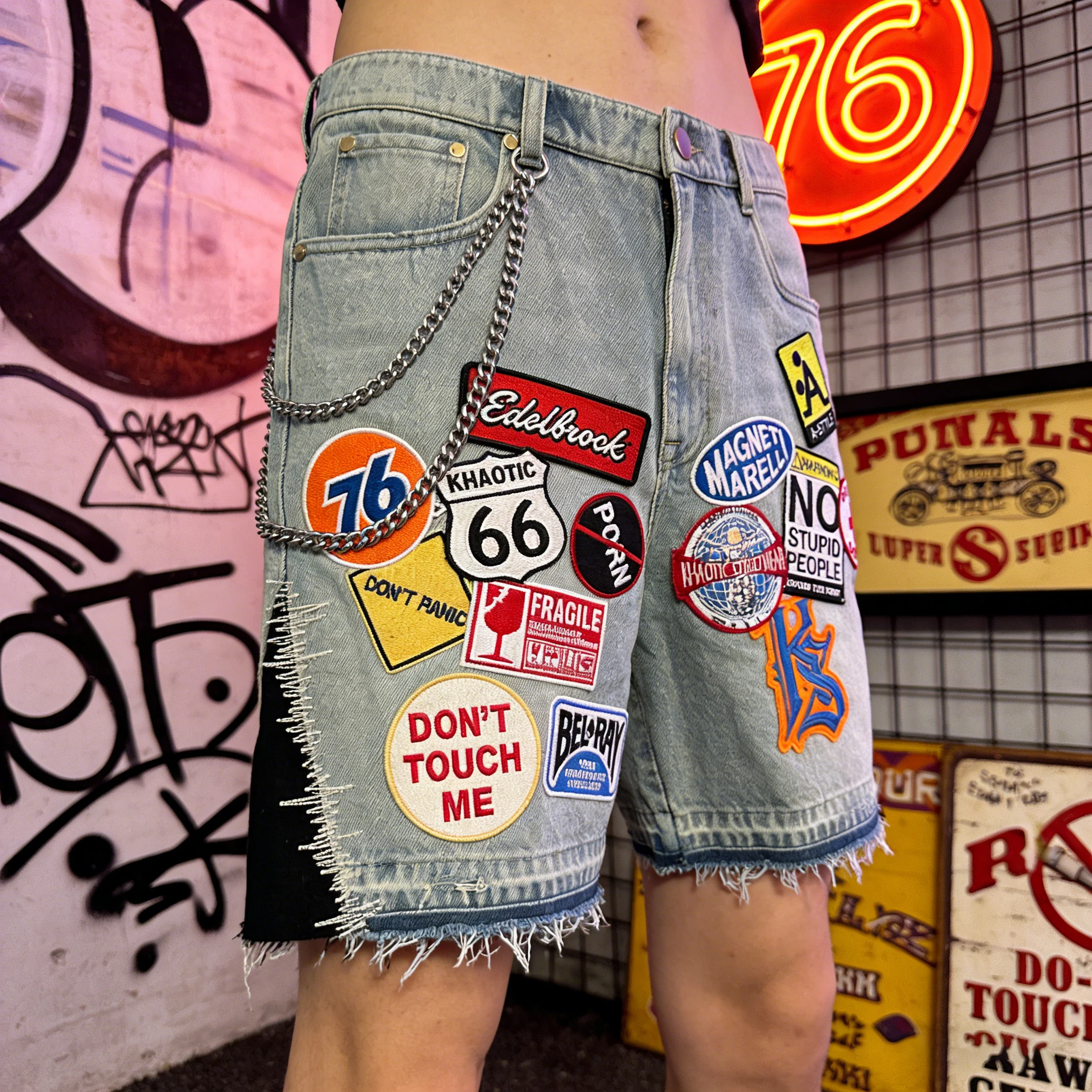 Retro Blue Streetwear Patchwork Denim Short Y2K Jeans Men Women Hip Hop Cartoon Graphics Loose Metal Denim Fitness Casual Shorts