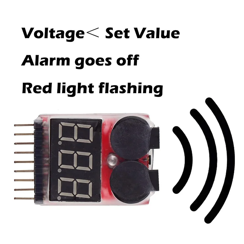 Testeur de tension batterie Lipo/Li-ion 1-8S avec alarme sonore, montrant les broches de connexion et le bouton de test.