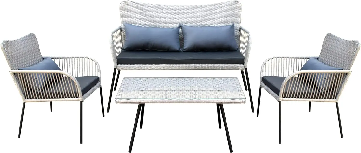 

SereneLife Outdoor Living Rattan Furniture, Includes 1 Double & 2 Single Chairs with Cushion & 1 Glass-top Coffee Table 4 Piece