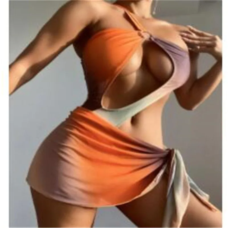 

Женский летний купальник, новинка 2024, сексуальный комплект из трех предметов для девушек с открытой спиной и юбкой с вырезами и запахом, Цельный Монокини, пляжная одежда с вырезами