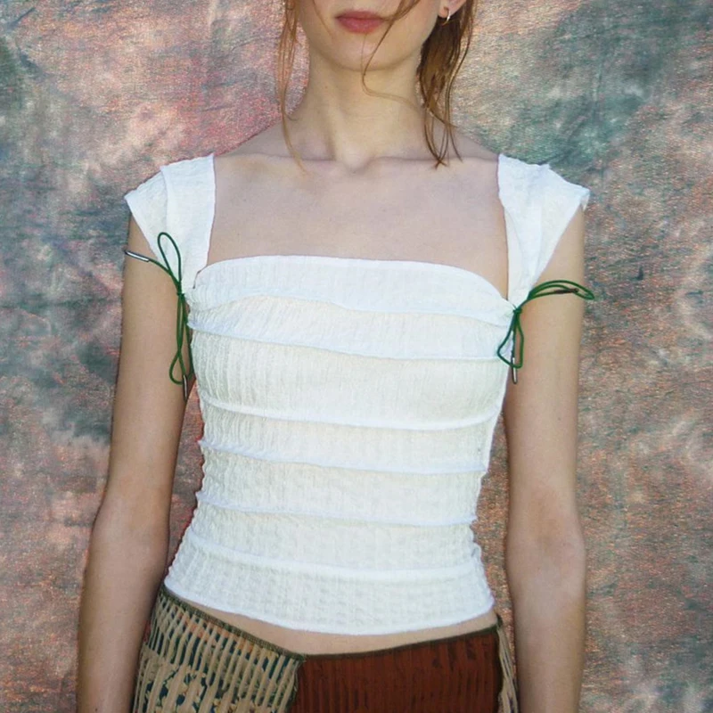 

Women’s Casual Sleeveless Tops Fashion Solid Color Tie-up Square Collar Exposed Navel Pleated Vest