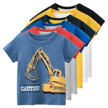 Excavator T-Shirt for Boys 2023 Summer New Children's Cartoon Print Cotton Top Short Sleeve O-Neck Kids Clothes