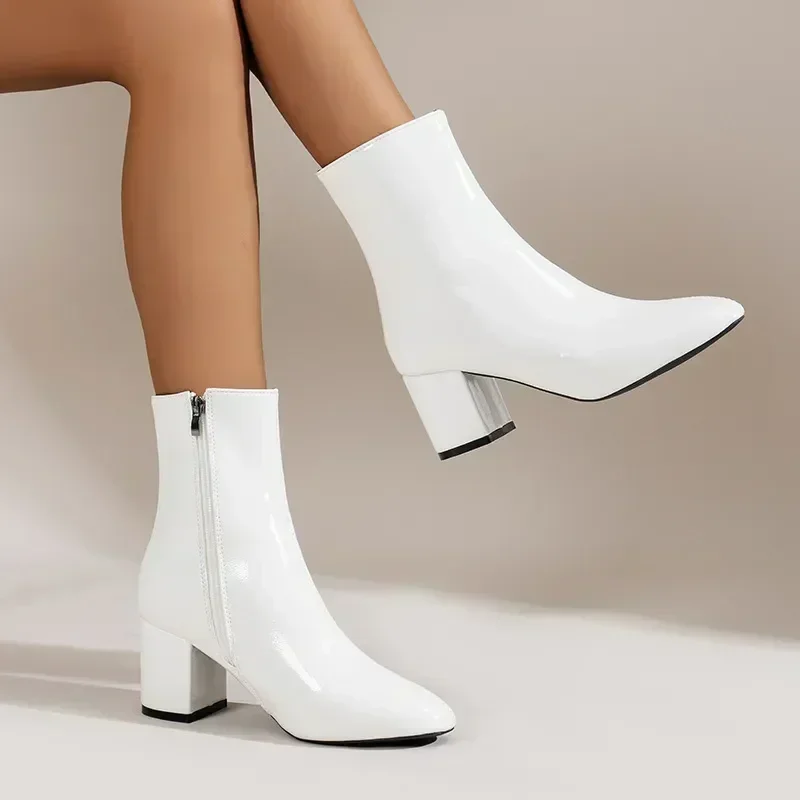 White Ankle Boots for Women Side Zipper Stretch Middle Heel Large