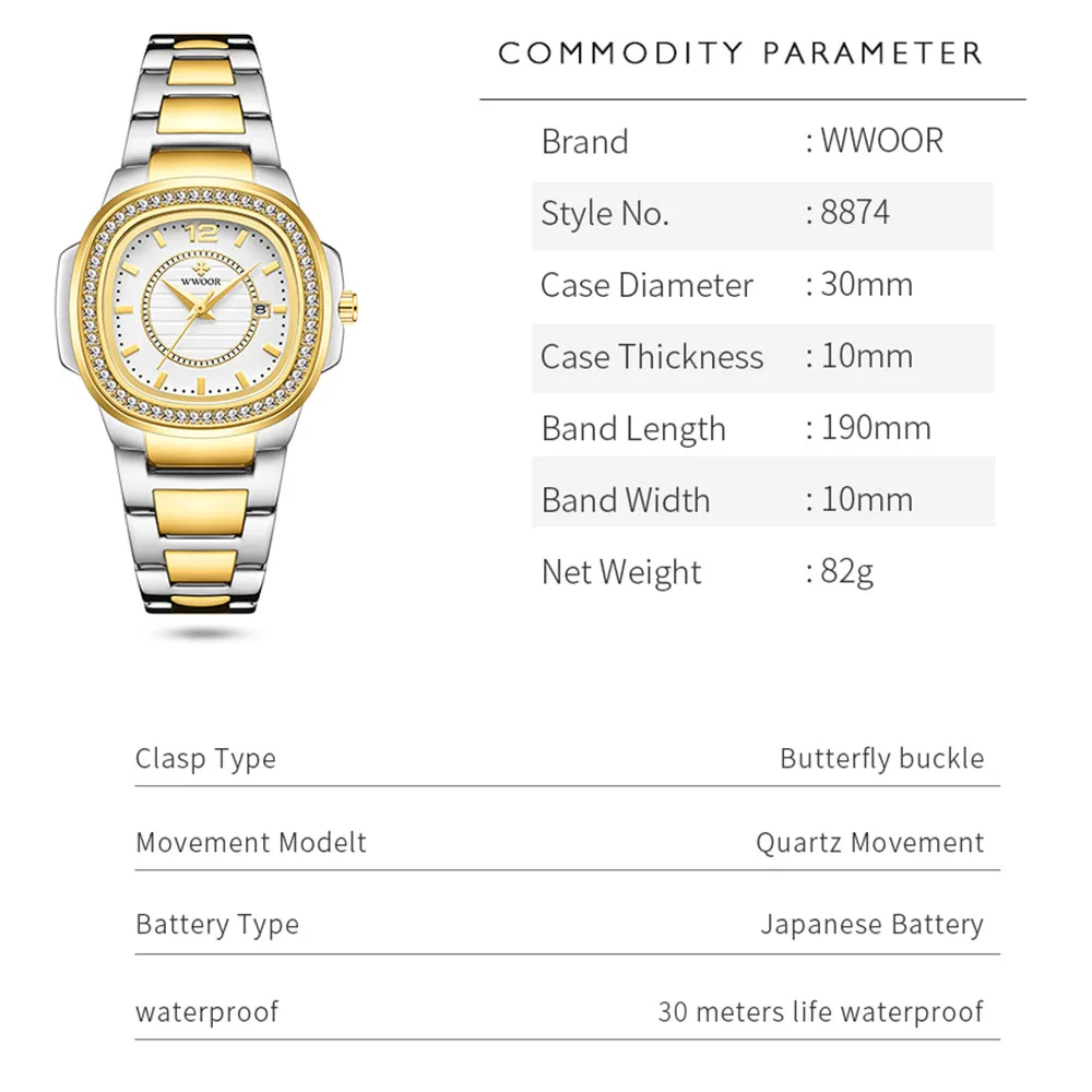 WWOOR Fashion Luxury Women Watch Diamond Ladies Quartz Bracelet Wristwatches Elegant Women Watch Date Female Clock Montre Femme