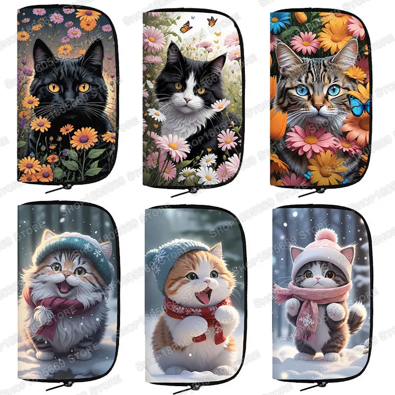 Cartoon Snow Flowers Cat Print portafoglio Kawaii Black Cat Coin Money Bags porta carte di credito lungo piccolo sacchetto di immagazzinaggio pochette regalo