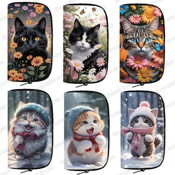 Cartoon Snow Flowers Cat Print portafoglio Kawaii Black Cat Coin Money Bags porta carte di credito lungo piccolo sacchetto di immagazzinaggio pochette regalo