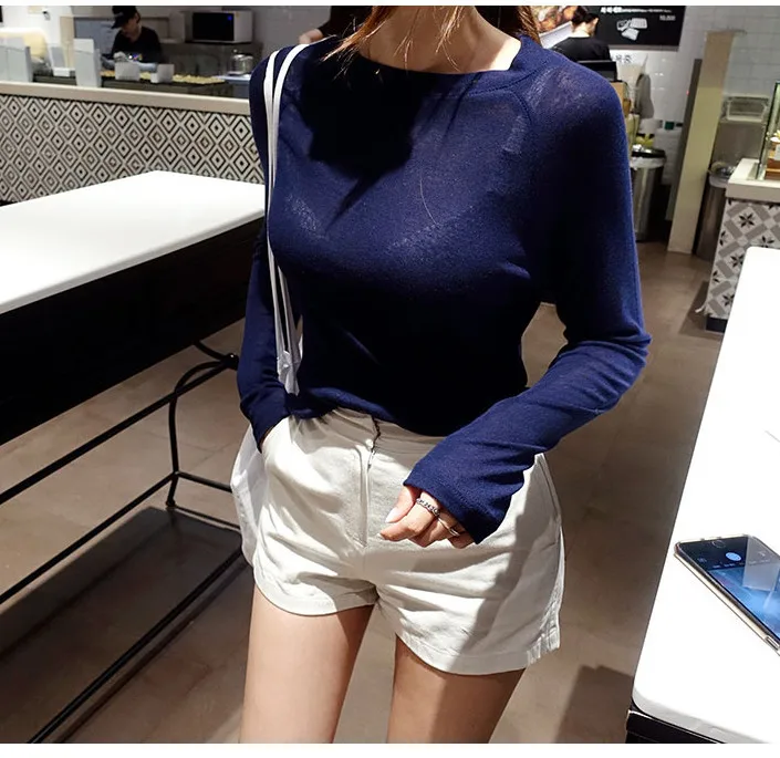 Frauen Langarm Blau T-shirt Frühling Sommer Grundlegende Tops Lose Dünne Sexy Einfarbig Baumwolle T Mode Femme – Detail 29
