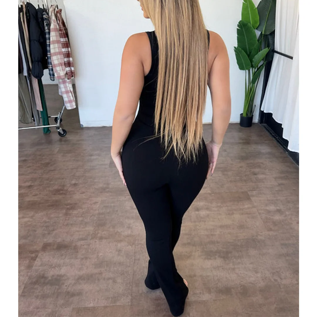 Women Summer Sleeveless Rib Jumpsuits Ladies Sportswear Yoga Fitness Slim Fit Bodycon Flared Jumpsuit