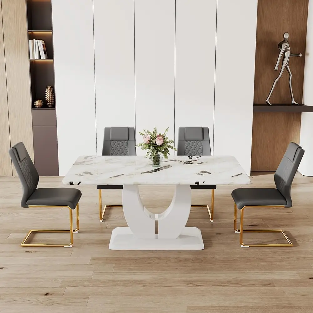 Description Picture 2 of itemFaux Marble Dining Table Set for 4,Dining Room Table Set and 4 PU Leather Upholstered Dining Chairs,63'' Large Dinner Table Set