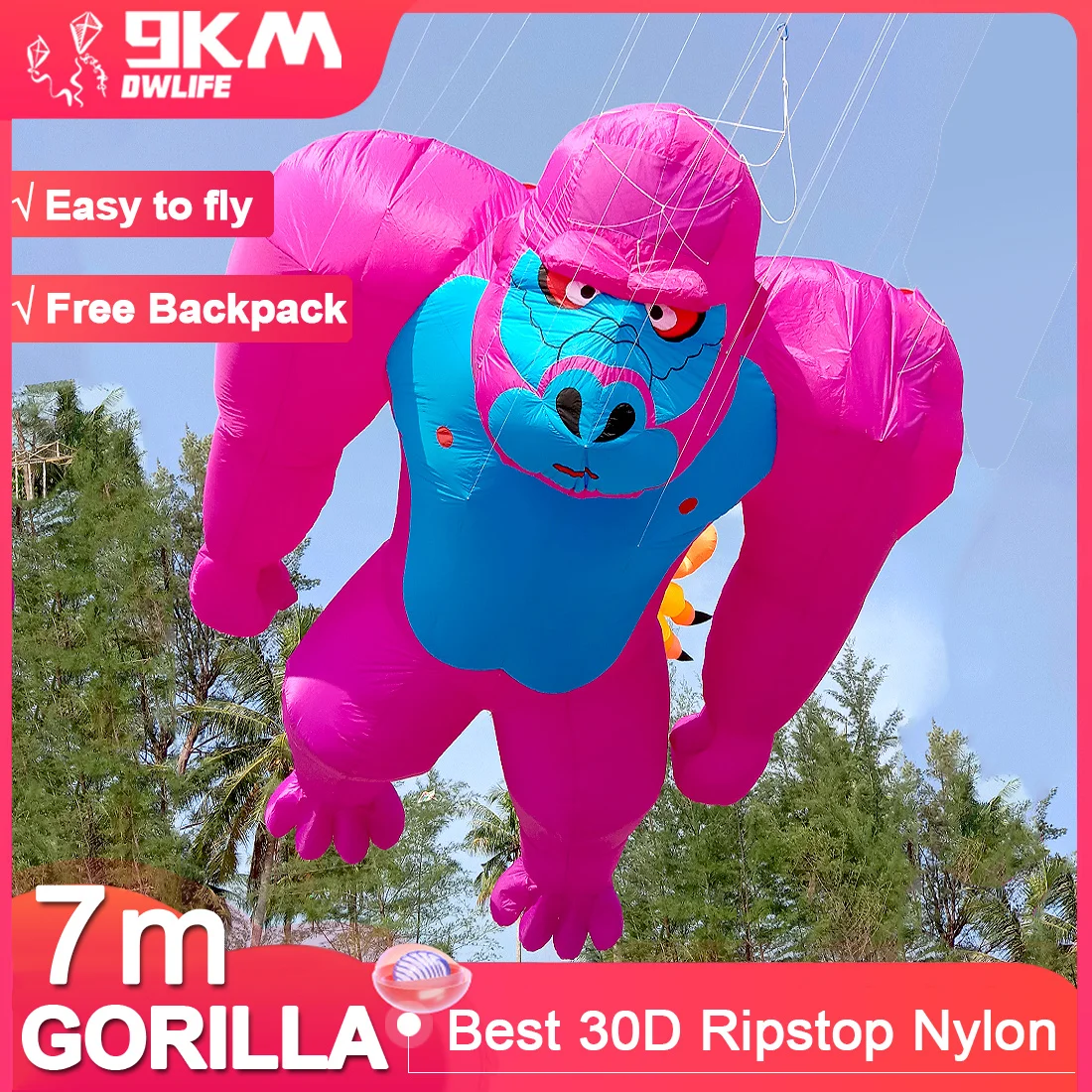

9KM Giant 7m Gorilla Kite Line Laundry Soft Inflatable Outdoor Pendant Show Kite for Kite Festival 30D Ripstop Nylon with Bag