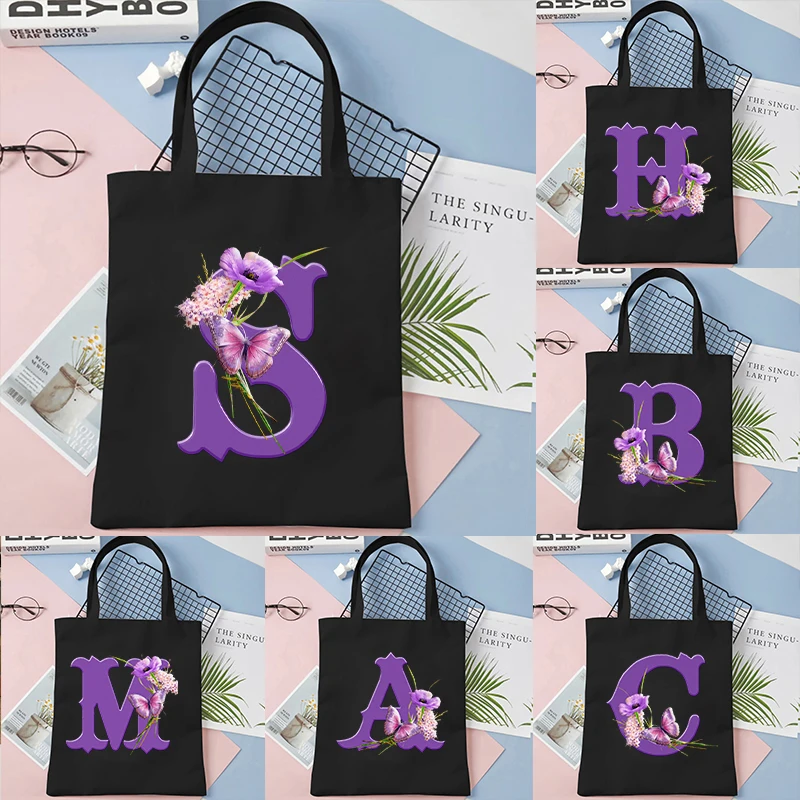 Alphabet Tote Bag 26 Women Team Bride Party Canvas Butterfly Flowers Shopping Bags Purple Letters Teen Y2K Shoulder Handbags