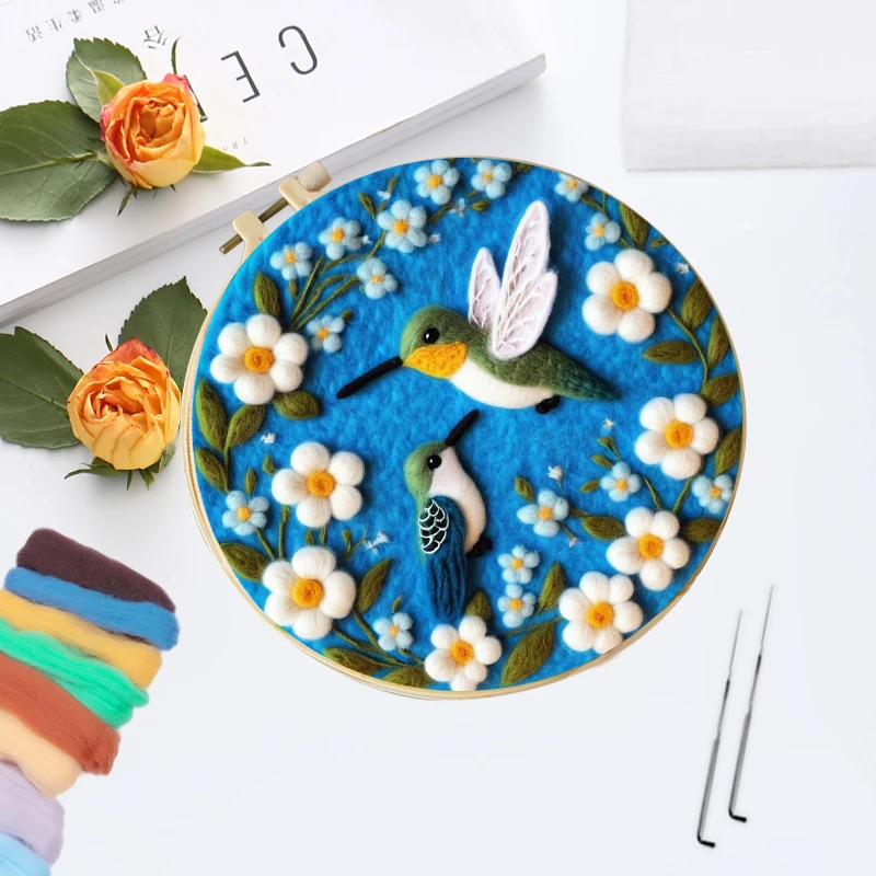 CHENISTORY Painting Diy Wool Embroidery Kit Creative Diy Bird Butterfly Wool Needle Felt Flower Picture Kit Craft Painting Gift needle felt kit wool felting kit