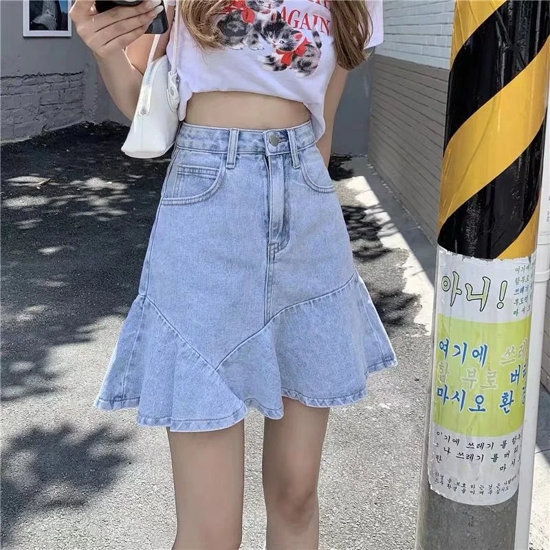 

Denim Short Skirt Women's Large Summer 2023 New Student Korean High Waist A-line Skirt Wrapped Hip Fishtail Half Skirt Trend