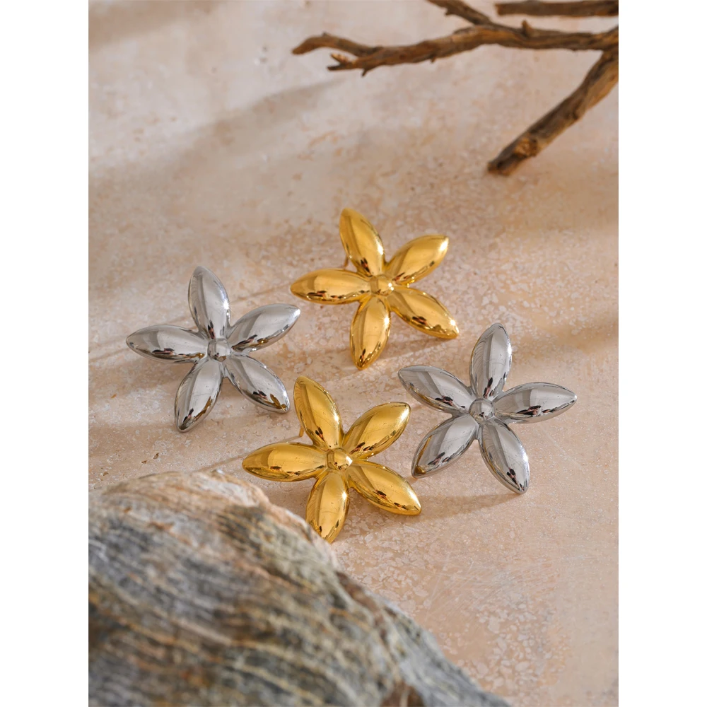 Yhpup Flower Stud Earrings Stainless Steel Metal