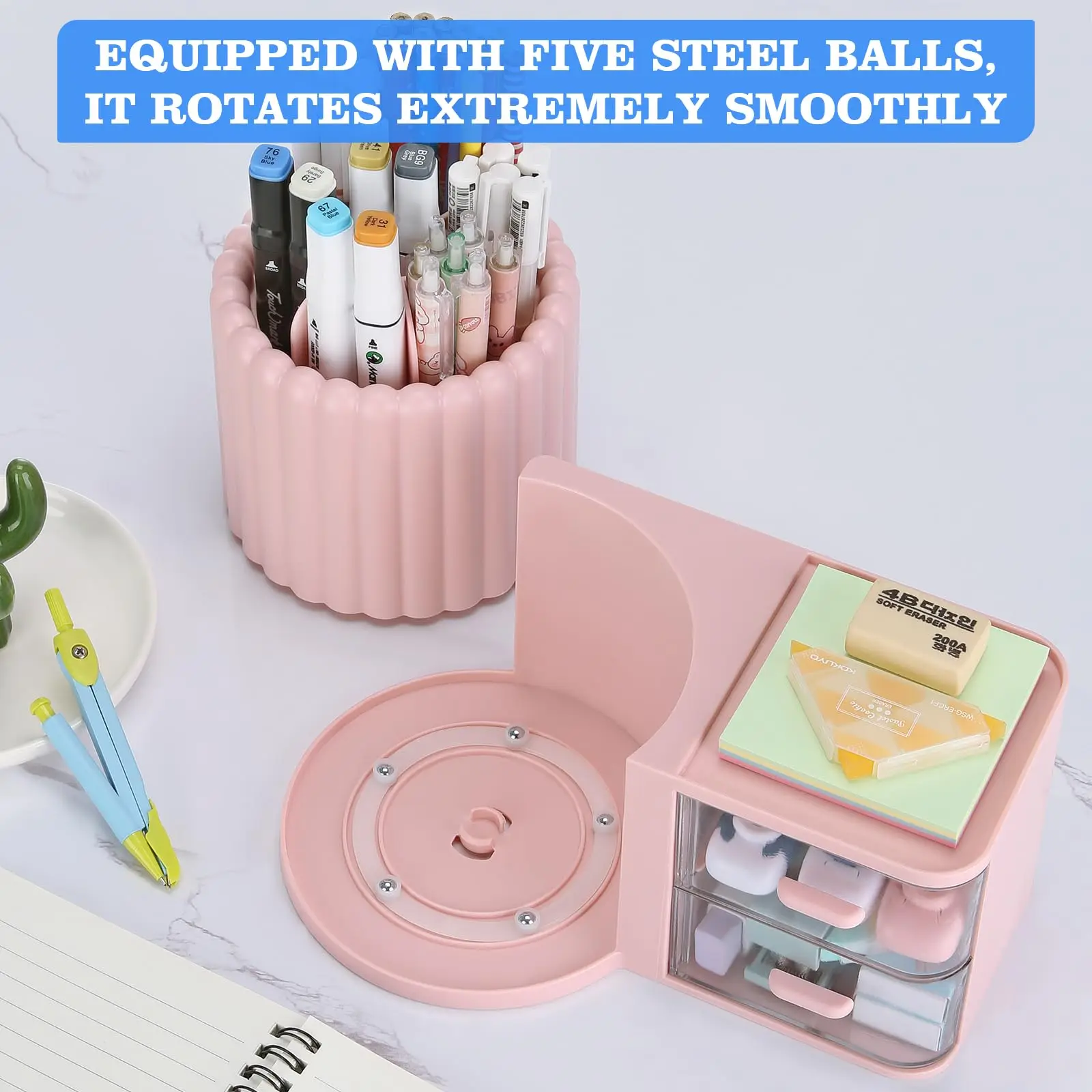 Rotating Office Desk Organizers and Accessories with 2 Drawer, Pencil Holder for Desk, Office Home Art Supplies 5