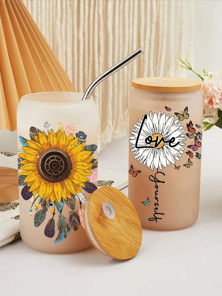 UV DTF Transfer Sticker Flowers Sunflower For The 16oz Libbey Glasses Wraps Bottles Cup Can DIY Waterproof Decals D3829