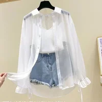 Smvp chemisiers en mousseline de soie pour femmes été mince ample boutonné crème solaire chemise femme mode coréenne nœud à lacets chemises à manches longues 6