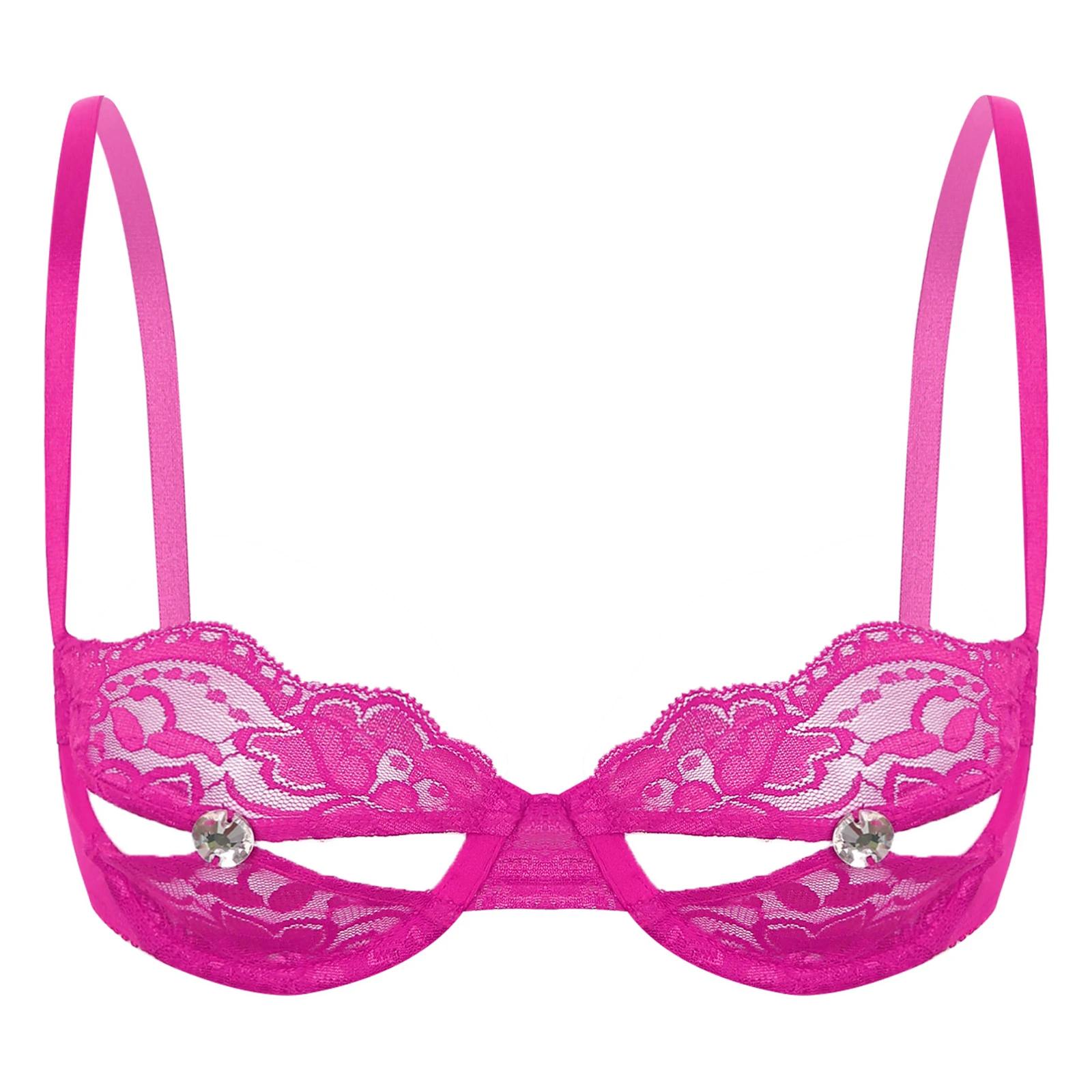 thumbnail image 1 of Sujetador sin forro con pezón abierto y diamantes de imitación brillantes para mujer, lencería transparente de encaje Floral, ropa interior con sujetador de media copa de realce, 1 of 5