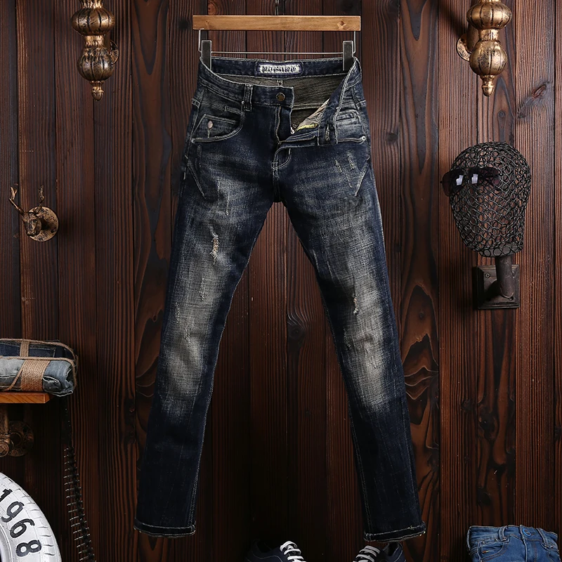 Fashion Designer Men Jeans High Quality Retro Black Blue Slim Fit Ripped Jeans Men Trousers Italian Vintage Denim Pants Hombre
