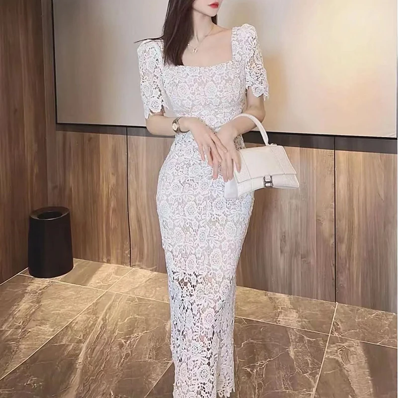 

Stylish Lace Dress Women 2022 Summer Korean Square Collar Hollow Out Long Sheath Dress Elegant Party Dresses Vestidos