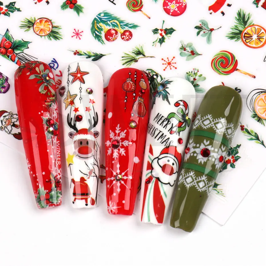 3D Christmas Sticker Nail Decal Winter Snowflake Holly Tangerines Cartoon Santa Bird New Year Nail Design Decoration BEF892 nail stickers,nail decals,nail art decoration
