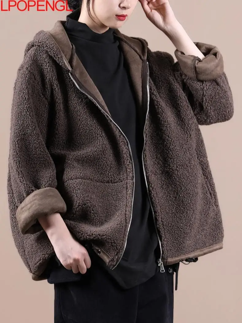 

Oversized Women's Lambswool Jacket Women's Autumn And Winter 2022 New Vintage Loose Warm Hooded Cotton Jacket Coat Women