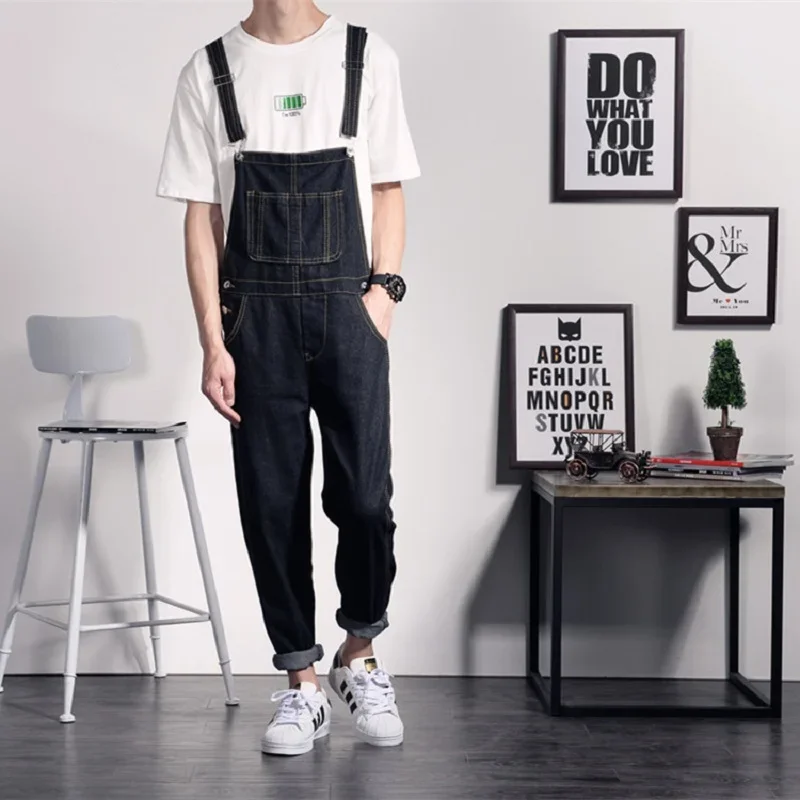 

High Street Pockets Jeans Men Fashion Slim Fit Denim Jumpsuit Modish Strap Overalls Casual Suspender Ripped Denim Overalls Holes