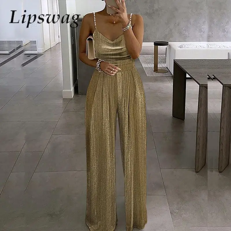 

Fashion Glossy Metallic Vintage Color Jumpsuit Elegant Sleeveless Pearl Sling Romper Sexy Women Pleat Wide Leg Overalls Playsuit