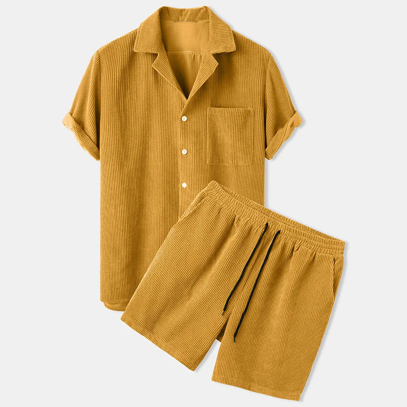 

2023 Men's Summer Corduroy Set Streetwear Casual Solid Short-Sleeved Button Shirt and Shorts 2 Piece Suit Male Outfits