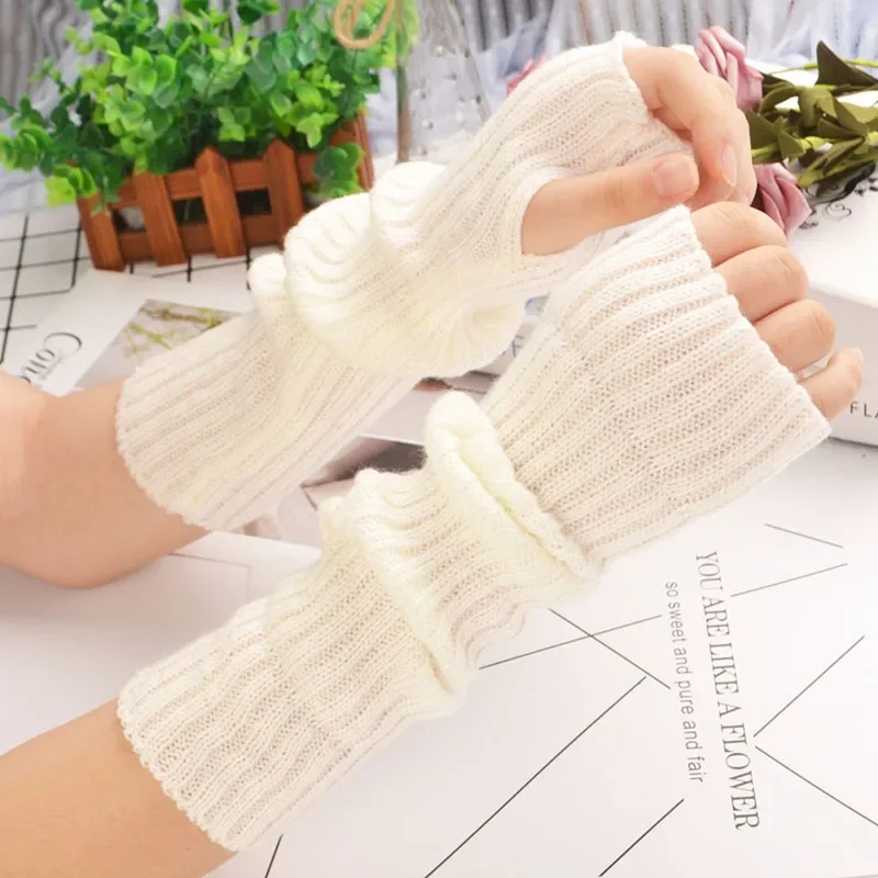 Winter Knitted Fingerless Gloves Warm Cycling Thumb Hole Arm Sleeve Windproof Women Stretchy Outdoor Running Hiking Mittens