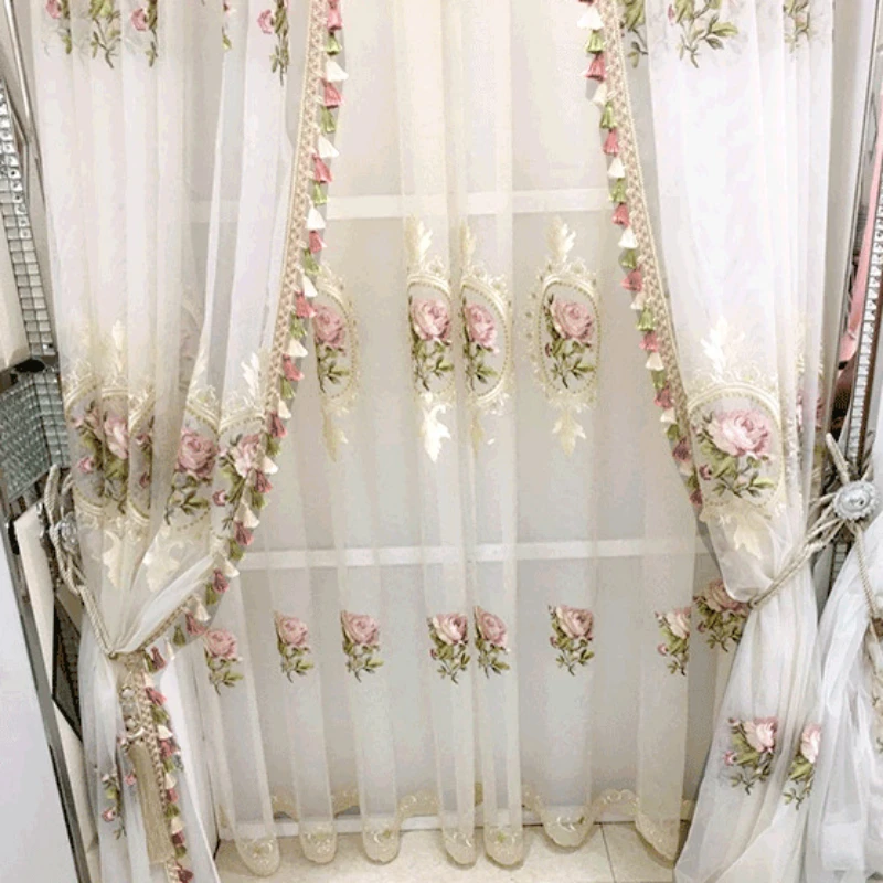 

American Luxury Peony Embroidery Tulle Curtain for Living Room European Elegant Flower Embroidery Sheer Voile Drapes for Bedroom