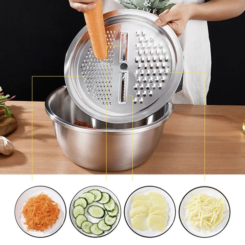 4PCS Set 304 Stainless Steel Bowl with Lid Kitchen Cooking Salad Mixing  Bowls Set Washing Drain Basket Soup Basin Strainer