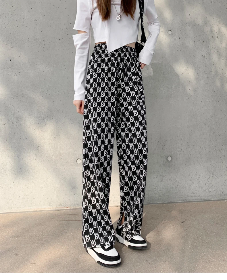 plaid pants elastic knitted Pants Fashion Women Casual Loose Wide Leg Trousers Retro Straight Trousers Hip-hop Unisex Streetwear plus size clothing