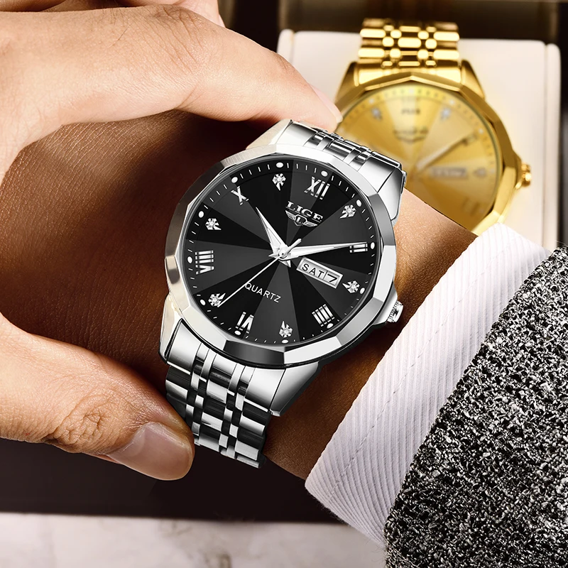 LIGE Fashion Luxury Men's Watches Stainless Steel Band Business Quartz Watch for Men Waterproof Luminous Pointer Week Date Clock